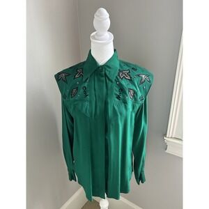 Vintage 80s Mercedes and Adrienne 100% Silk embroidered Stud Green Blouse‎